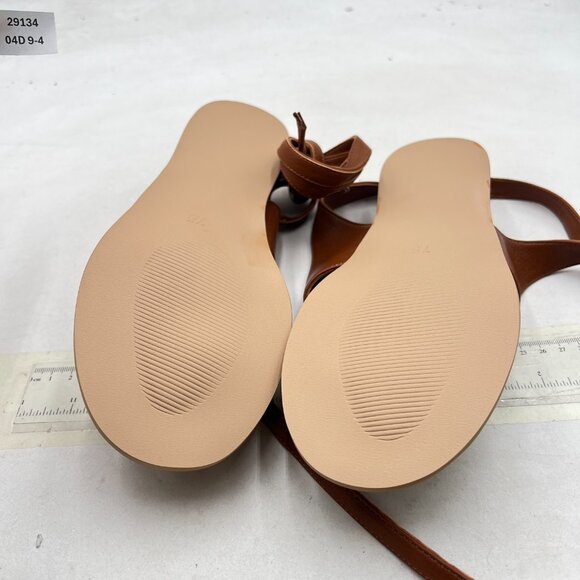 XYD Brown Open Toe Metal Gold Hardware Flip Flops Ankle Wrap Lace-up Flat Sandal - Picture 7 of 8